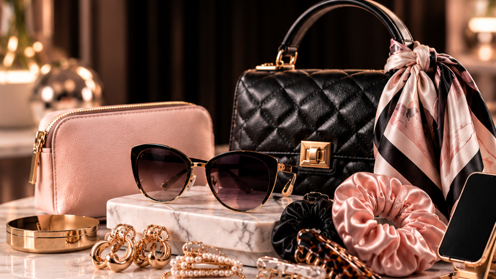 A promotional beauty and fashion accessory ad for SAAVVY titled 'The Finishing Touch.' The scene shows a styled vanity setup with a black quilted handbag, pink pouch, sunglasses, jewelry, scarf, phone, and other accessories arranged on a marble surface against a warm dark interior background.