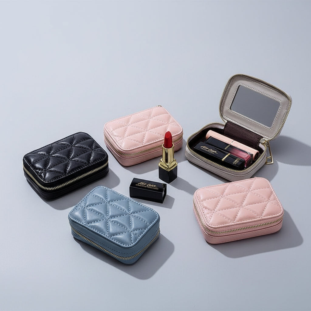 Genuine Leather Lipstick Bag with Mirror | Lingge Embossed - SAAVVY