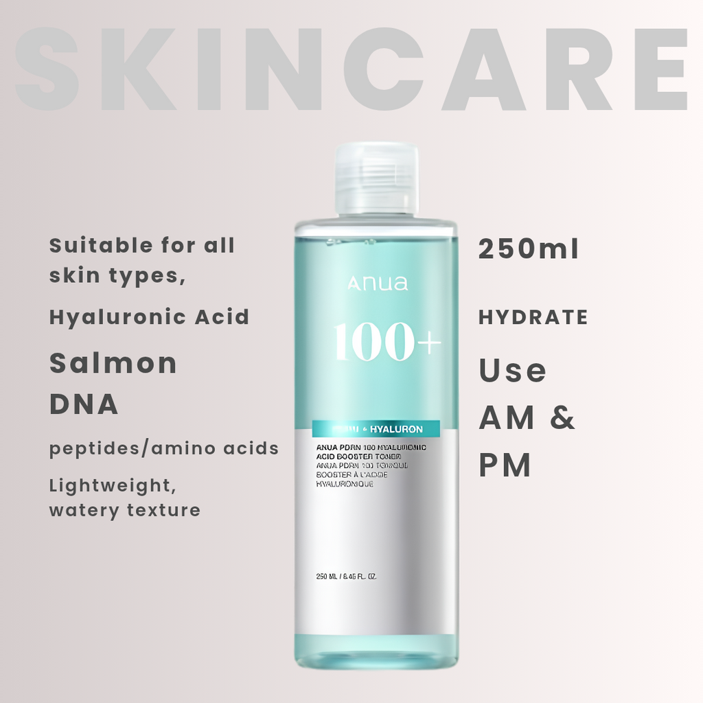 Anua 100+ Hyaluronic Acid serum toner bottle on a light beige background with text describing its suitability for all skin types and key ingredients.