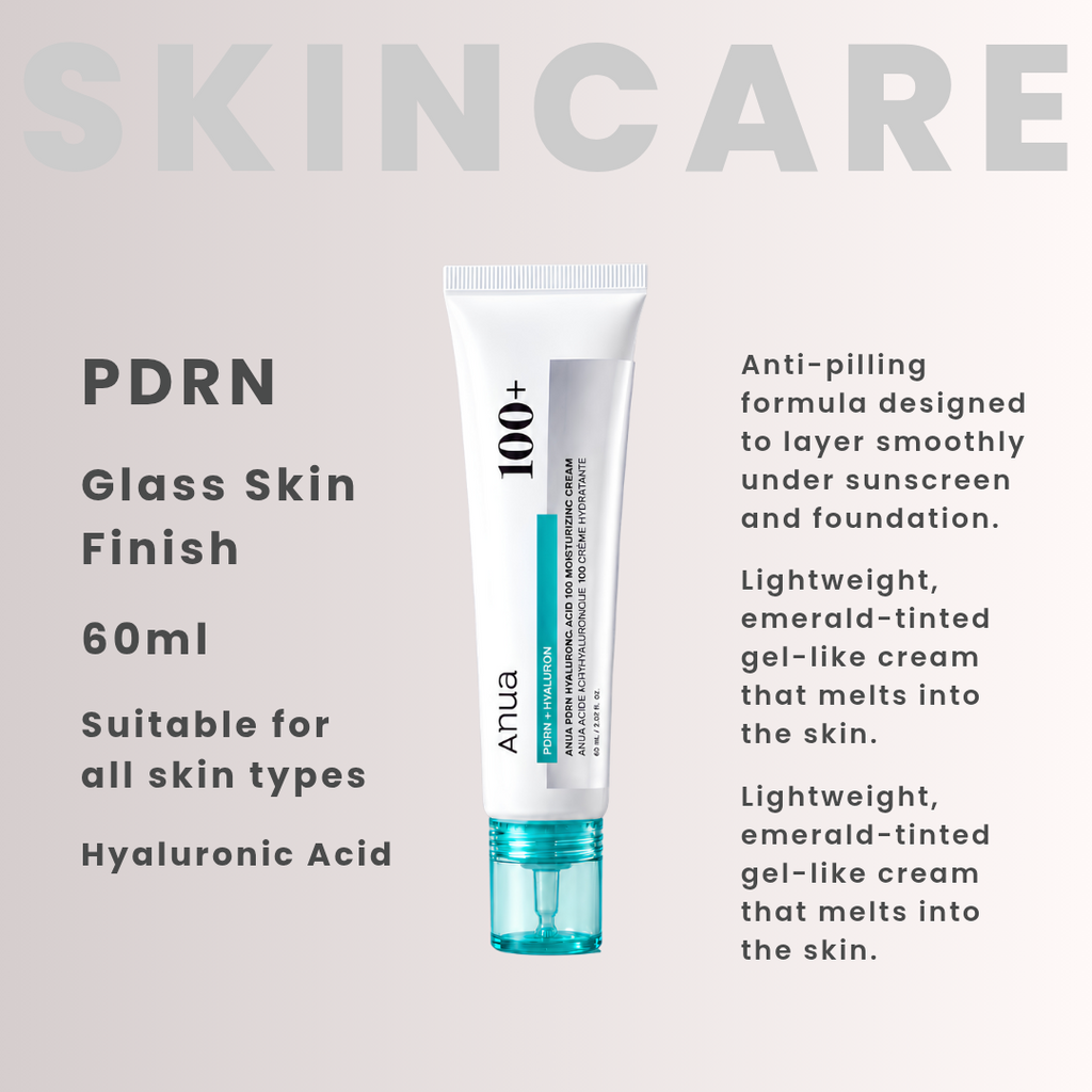 A skincare product advertisement showing a white tube of ANUA 100+ Glass Skin Finish moisturizer with an emerald-tinted cap. The image includes descriptive text on the left and right highlighting its anti-pilling formula and lightweight gel-cream texture, set against a light gray background with a large 'SKINCARE' header.