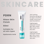 A skincare product advertisement showing a white tube of ANUA 100+ Glass Skin Finish moisturizer with an emerald-tinted cap. The image includes descriptive text on the left and right highlighting its anti-pilling formula and lightweight gel-cream texture, set against a light gray background with a large 'SKINCARE' header.