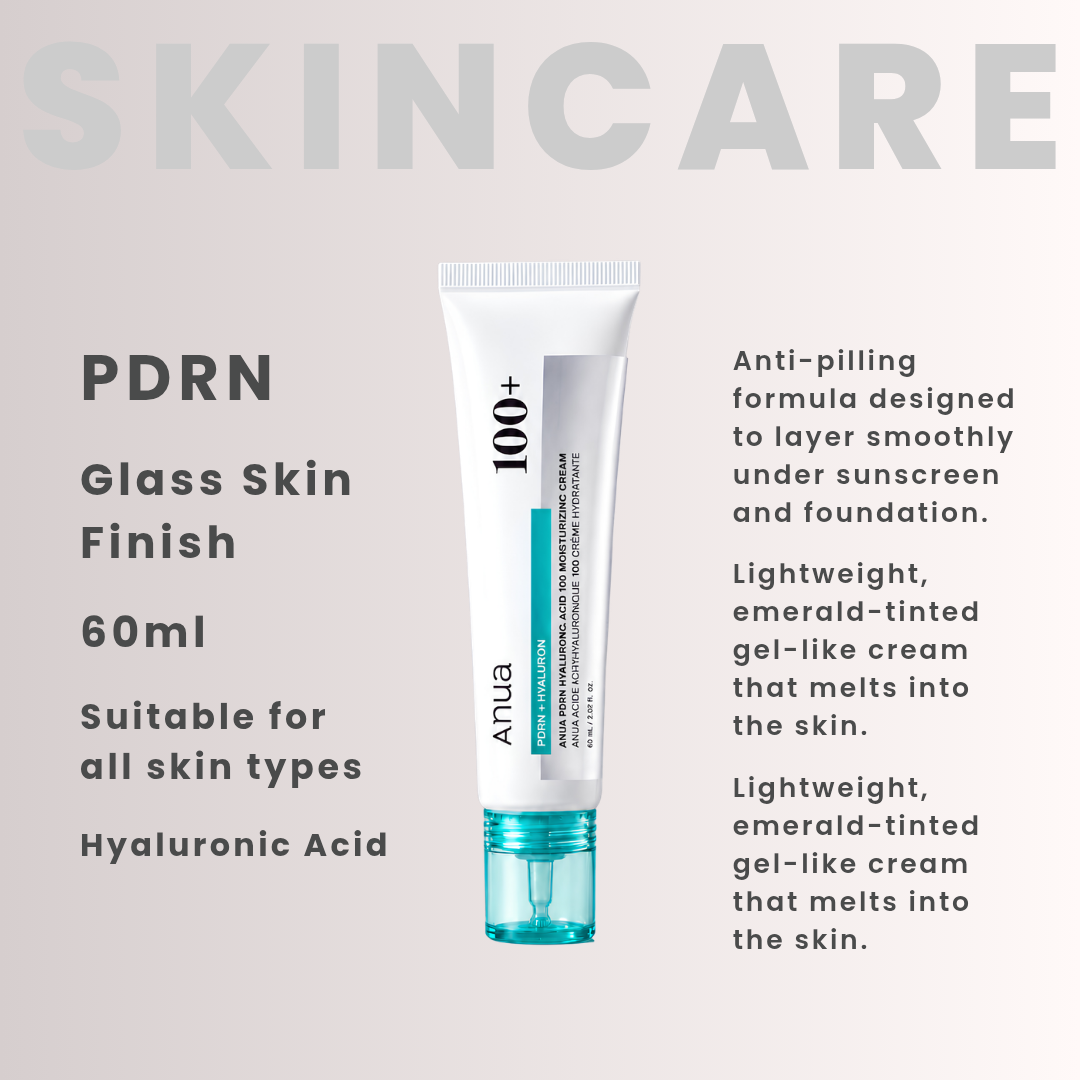A skincare product advertisement showing a white tube of ANUA 100+ Glass Skin Finish moisturizer with an emerald-tinted cap. The image includes descriptive text on the left and right highlighting its anti-pilling formula and lightweight gel-cream texture, set against a light gray background with a large 'SKINCARE' header.
