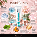 A beauty infographic titled 'KEY INGREDIENTS FOR PLUMP, HEALTHY, GLOWING SKIN' featuring a tube of Atrio 100+ cream surrounded by ingredient callouts including PDRN, hyaluronic acid, collagen, niacinamide, centella asiatica, turmeric root extract, and squaline & glycerin, with ingredient illustrations and the brand SAAVY at the bottom.