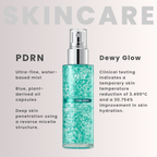 Anua PDRN + Hyaluronic Acid serum bottle with a silver pump and clear cap, filled with sparkling teal gel, centered on a light beige background with text describing skincare benefits.