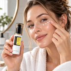 A woman in a white robe holds a bottle of CeraVe Clear Skin Repair Cream while applying white cream dots to her cheek.