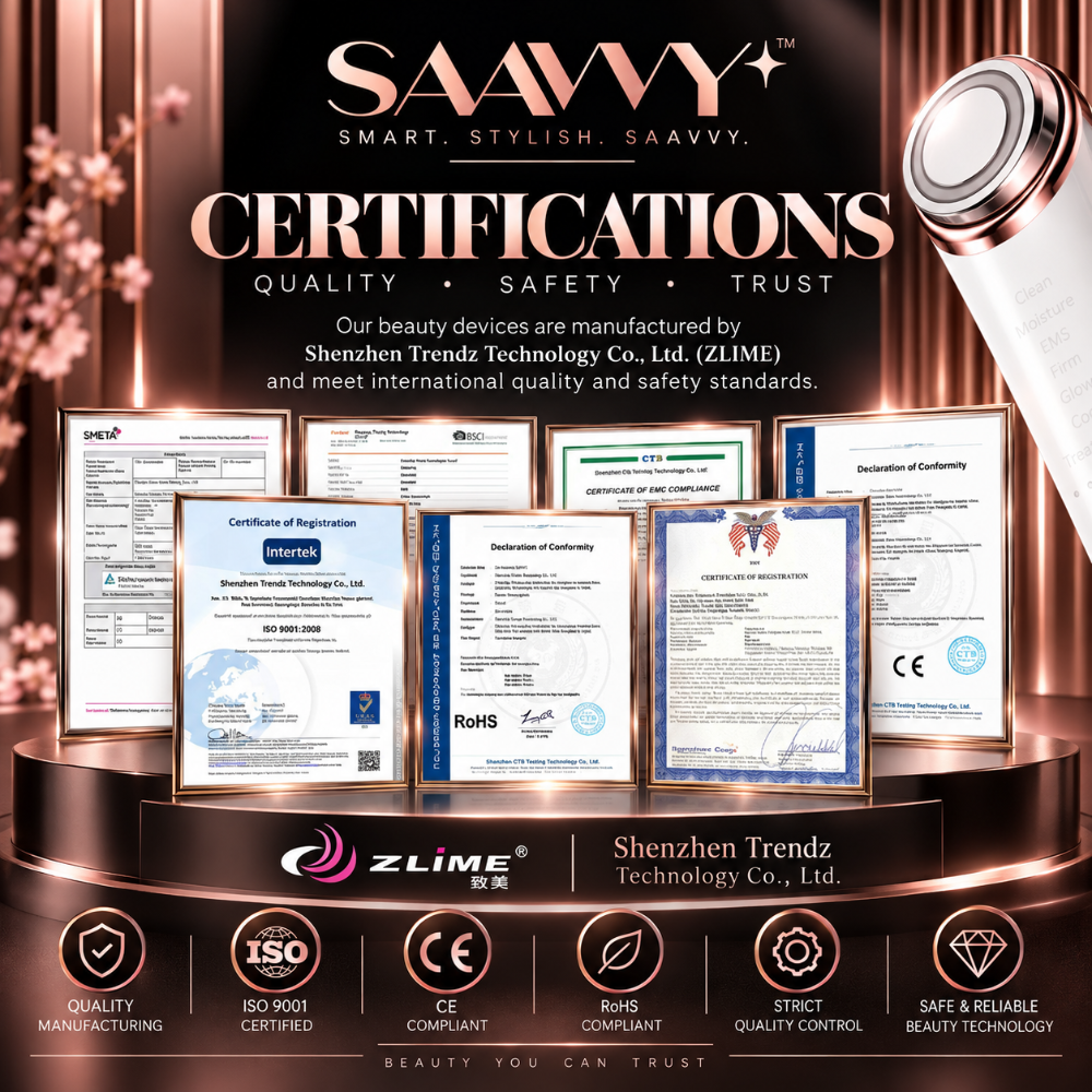 Promotional graphic for Saavyy beauty devices featuring a white and rose gold facial device on the right, a dark gradient background with pink glitter, multiple certification certificates displayed on a pedestal, and quality icons along the bottom. Visible brands include Saavyy and Zlime.