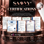 Promotional graphic for Saavyy beauty devices featuring a white and rose gold facial device on the right, a dark gradient background with pink glitter, multiple certification certificates displayed on a pedestal, and quality icons along the bottom. Visible brands include Saavyy and Zlime.
