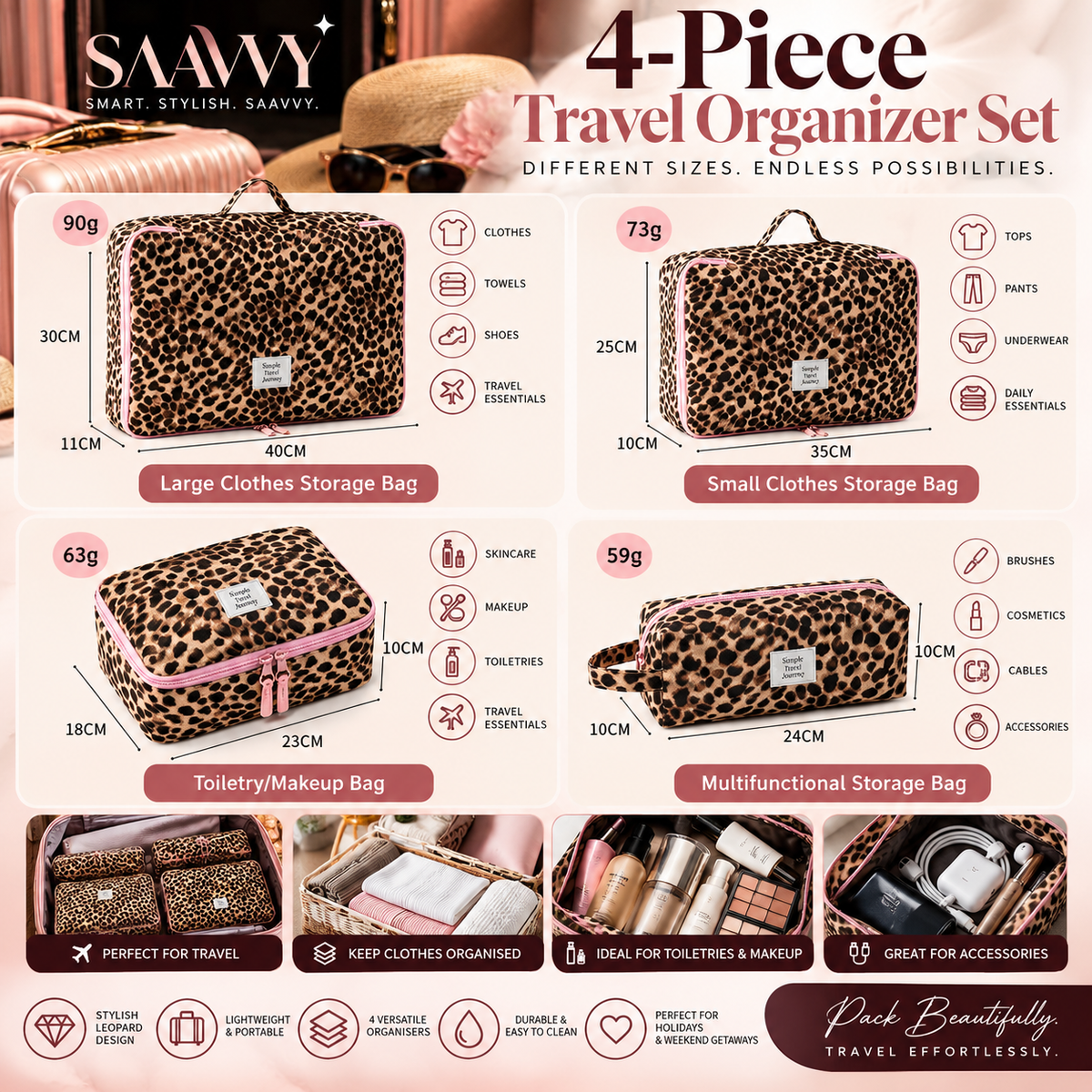 SAAVVY Luxe Leopard 4-Piece Travel Organizer Set - SAAVVY