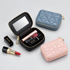 Genuine Leather Lipstick Bag with Mirror | Lingge Embossed - SAAVVY