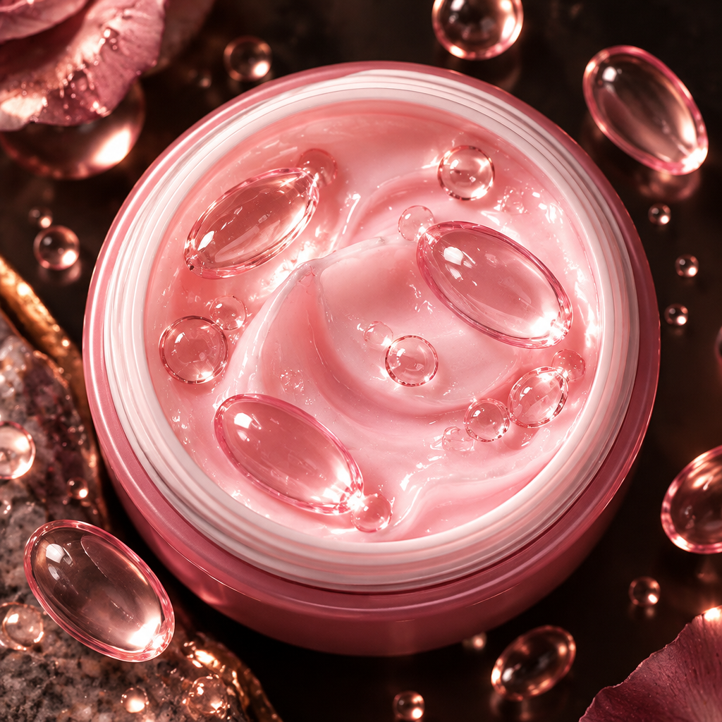 A beauty editorial-style ad featuring an open moisturizer container and aerial shot of capsule in cream