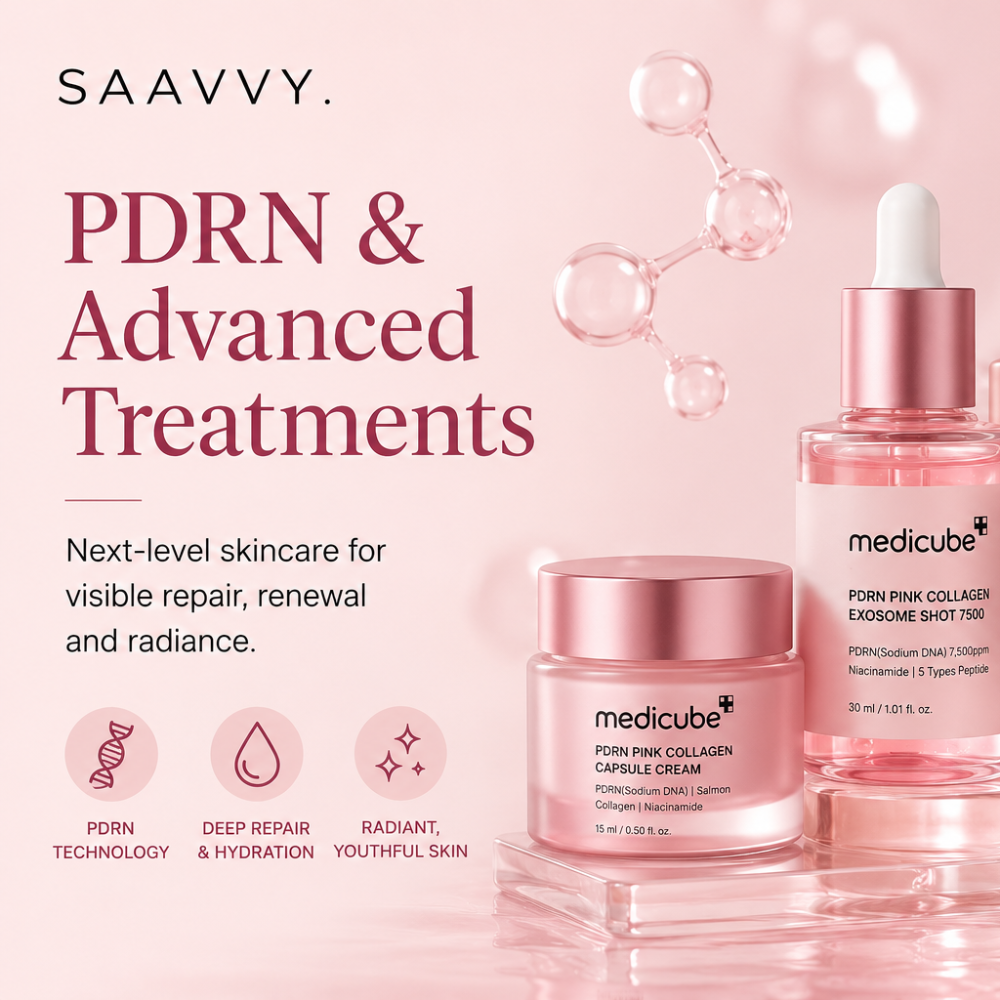 SAAVVY PDRN & Advanced Treatments skincare set featuring a pink jar of PDRN Collagen Cream, a dropper bottle of PDRN Energy Shot on a pink reflective surface with promotional text.