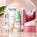 A curated collection of skincare products arranged on a reflective surface with a pink backdrop and decorative props. Visible products include a Purcell Biose Glow serum bottle, an oat seed water tube, a power relief enzyme bottle, a pink collagen serum bottle, a pink collagen capsule cream jar, and multiple Medheal Rose Porn sheet mask packets.