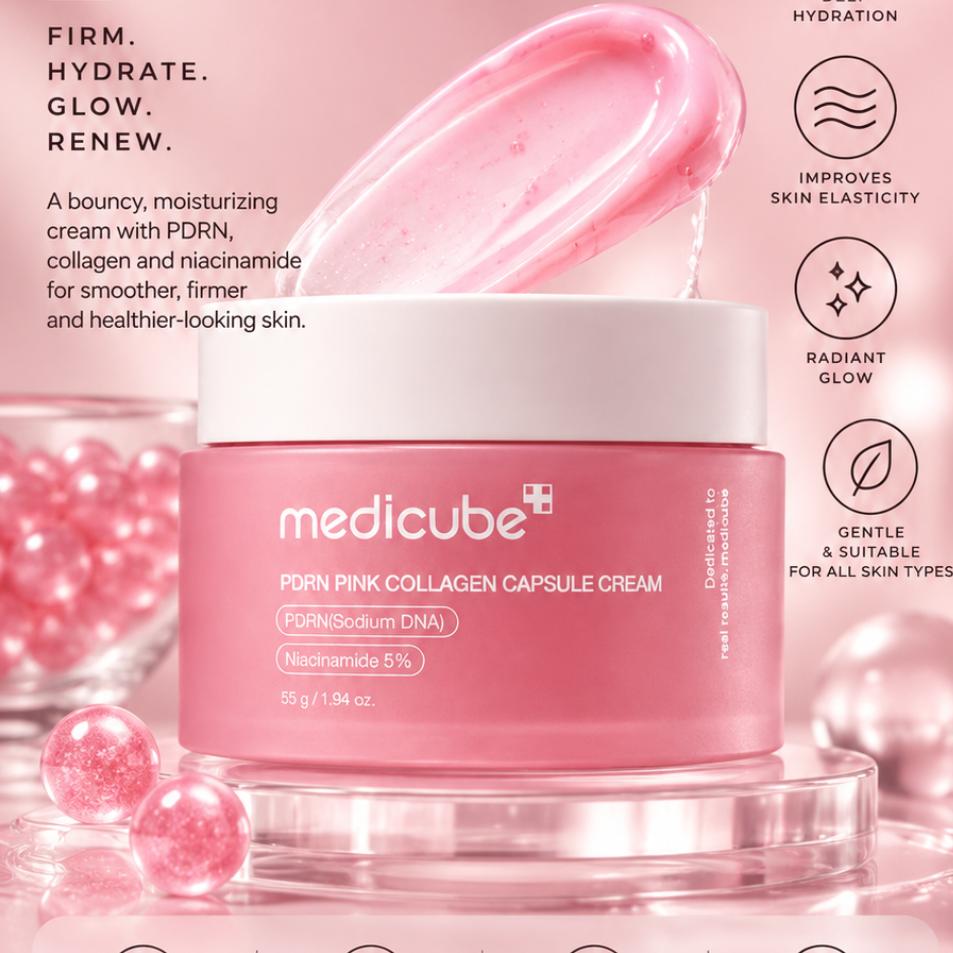 A pink cosmetic jar labeled medicube PDRN Pink Collagen Capsule Cream with a floating pink capsule graphic above it, set against a pink promotional background with text callouts and icons.