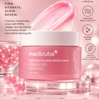 A pink cosmetic jar labeled medicube PDRN Pink Collagen Capsule Cream with a floating pink capsule graphic above it, set against a pink promotional background with text callouts and icons.