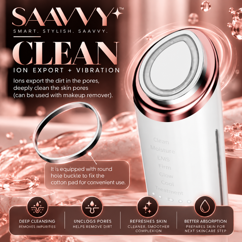 A Saavy Clean skincare device with a white body and rose gold metallic accents, shown alongside a cotton pad accessory on a pink liquid splash background with promotional text and feature icons.