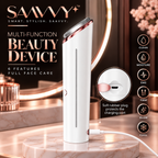 A white and rose gold beauty device by SAAVVY stands on a marble pedestal in a vanity setting, with promotional text and feature icons along the right side. The image shows the product itself plus marketing callouts and a close-up inset of the charging port.
