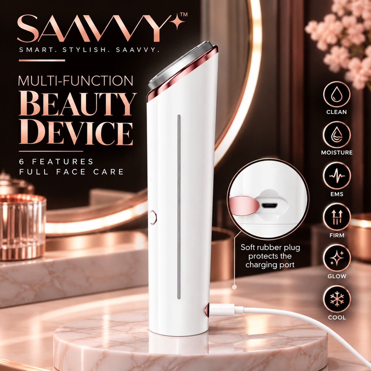 A white and rose gold beauty device by SAAVVY stands on a marble pedestal in a vanity setting, with promotional text and feature icons along the right side. The image shows the product itself plus marketing callouts and a close-up inset of the charging port.