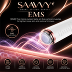 A SAAVVY EMS beauty device with a white body and rose gold metallic accents, shown on a dark background with glowing pink and orange light waves and text detailing its micro current EMS technology.