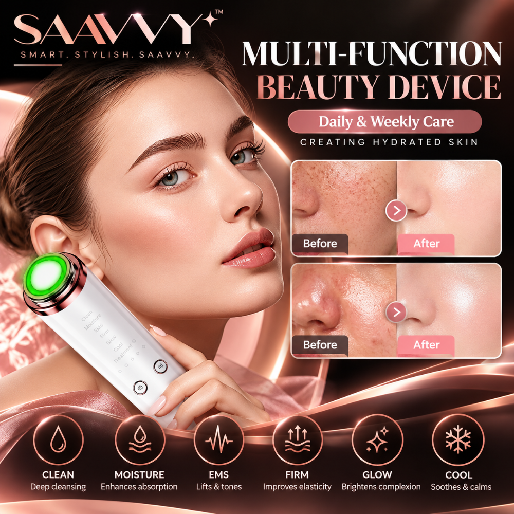 A beauty device held against a woman's face in a promotional graphic. The device is white with a green illuminated button and metallic rose-gold accents.