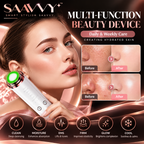 A beauty device held against a woman's face in a promotional graphic. The device is white with a green illuminated button and metallic rose-gold accents.