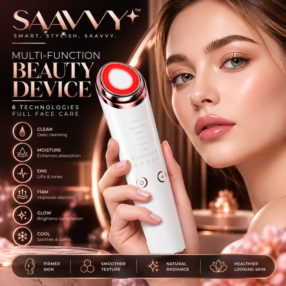A woman holds a white and red SAAVY multi-function beauty device against a warm, luxurious skincare-themed background with text highlighting skin benefits.