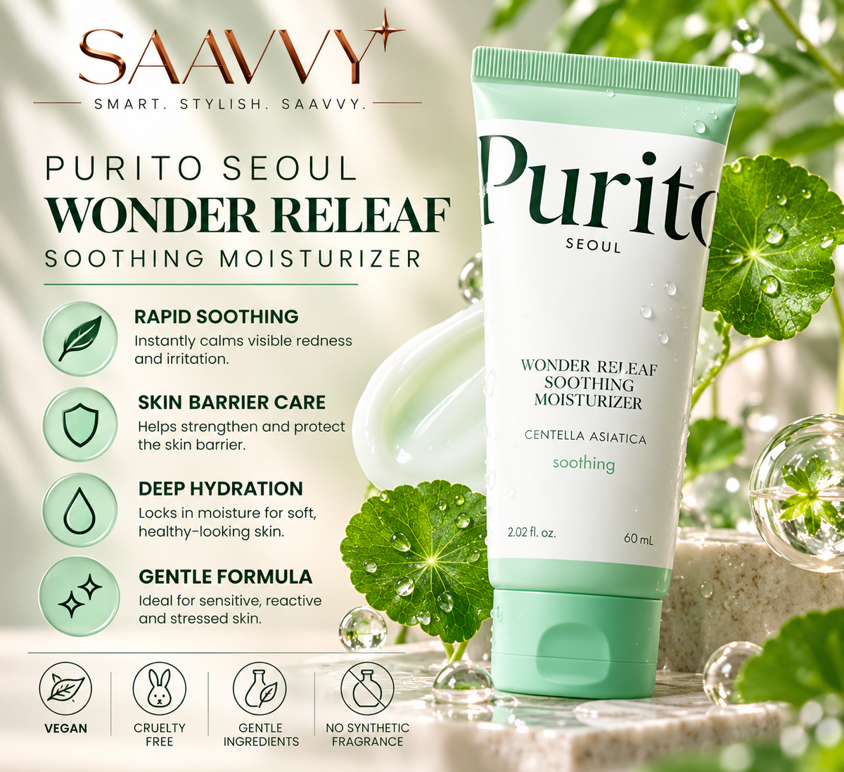 Soothing Moisturizer for Sensitive Skin - PURITO SEOUL Wonder Releaf Centella Cream - SAAVVY