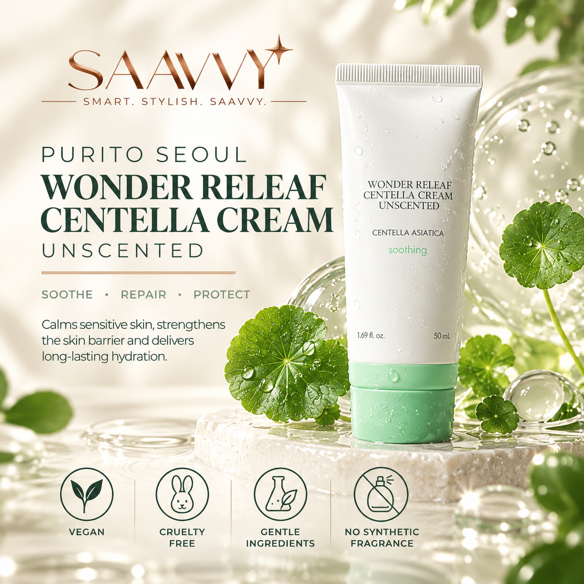Soothing Moisturizer for Sensitive Skin - PURITO SEOUL Wonder Releaf Centella Cream - SAAVVY
